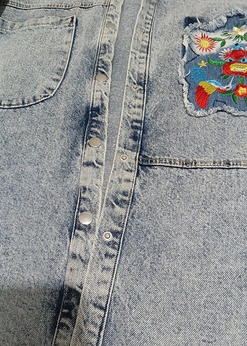 Nakış Detaylı Gri Kadın Denim Ceket - Görsel 6