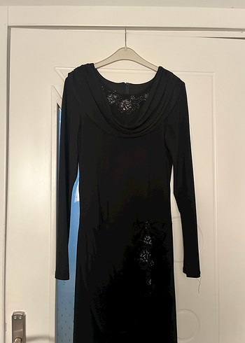 Abiye Uzun Kollu Siyah Drapeli V Yaka Gotik Elbise