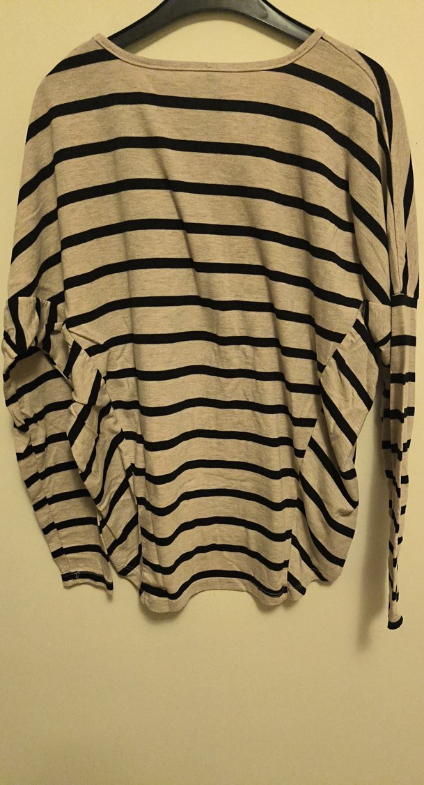 Bej Gri Çizgili Rahat Hamile Bluzu - Görsel 2