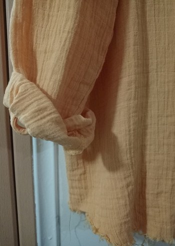 Bej Düğmeli Kadın Keten Gömlek - Görsel 3