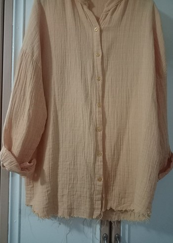 Bej Düğmeli Kadın Keten Gömlek - Görsel 4