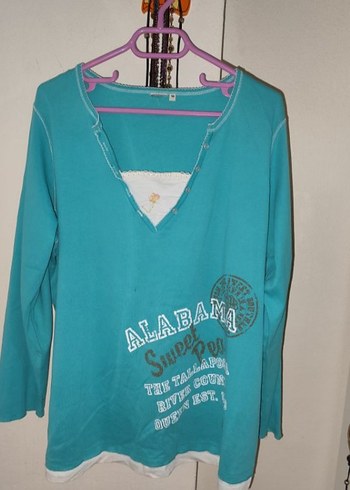 Turkuaz V Yaka Düğmeli büyük beden bluz - Görsel 2