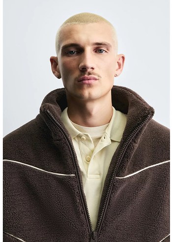 Zara konstrast kenarlı suni yünlü ceket - Görsel 4