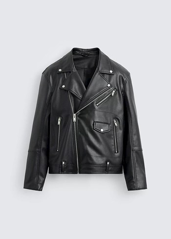 Siyah erkek  Deri Biker Ceket - Görsel 3