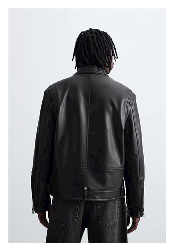 Siyah erkek  Deri Biker Ceket - Görsel 2