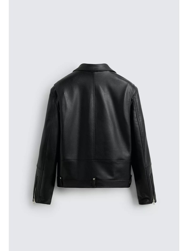 Siyah erkek  Deri Biker Ceket - Görsel 4