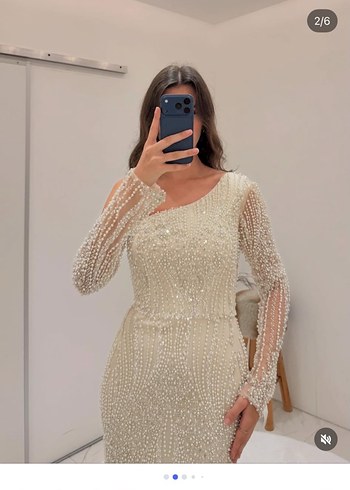 İnci İşlemeli Uzun Straplez Bej Abiye - Görsel 5