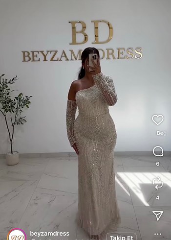 İnci İşlemeli Uzun Straplez Bej Abiye - Görsel 2