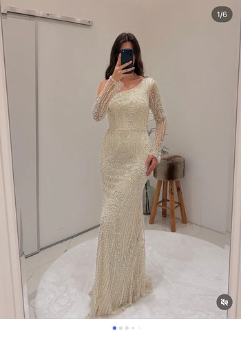 İnci İşlemeli Uzun Straplez Bej Abiye - Görsel 4