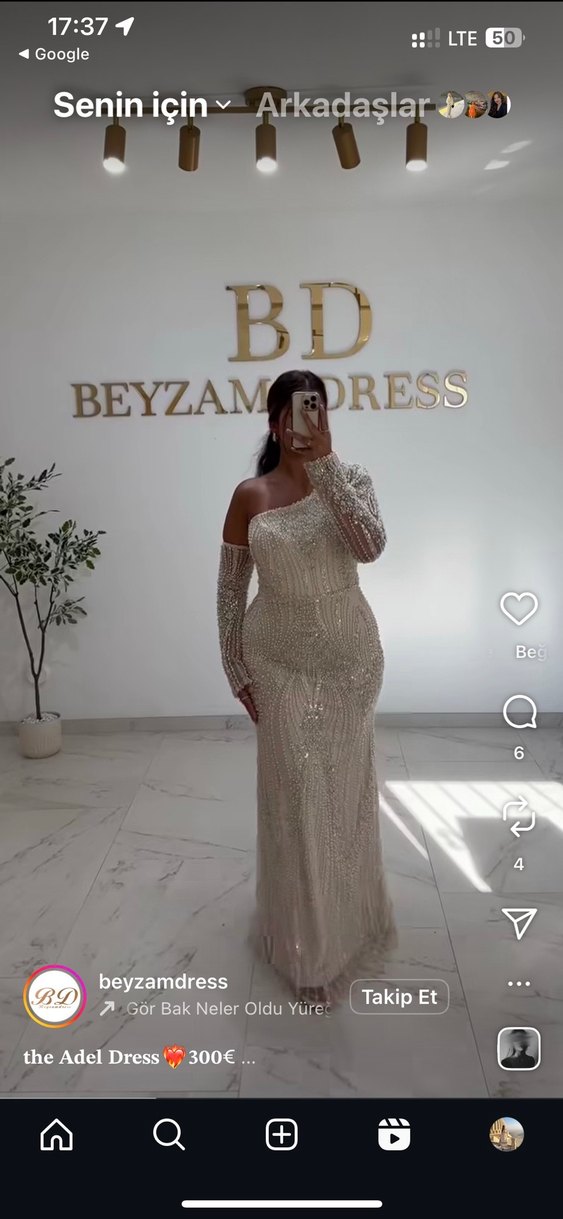 İnci İşlemeli Uzun Straplez Bej Abiye - Görsel 2