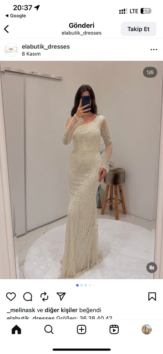 İnci İşlemeli Uzun Straplez Bej Abiye - Görsel 4