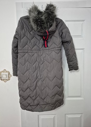 BSL FASHION Gri Uzun Kadın Kışlık Mont Kürk Detaylı