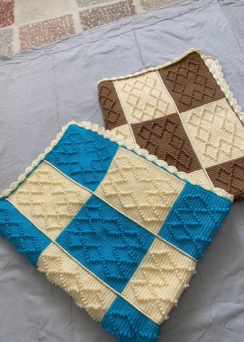 Bej Kare Desenli Örgü Çocuk Battaniyesi - Görsel 4