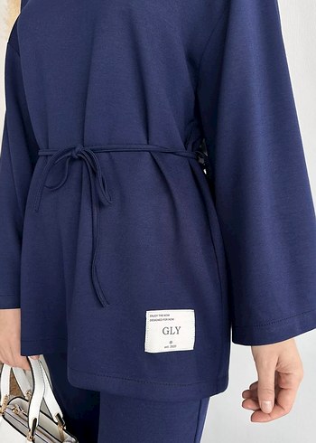 Lacivert Kadın Uzun Kollu Kemerli Takım - Görsel 6