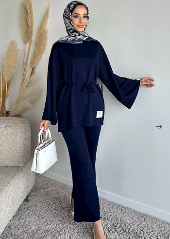Lacivert Kadın Uzun Kollu Kemerli Takım - Görsel 5