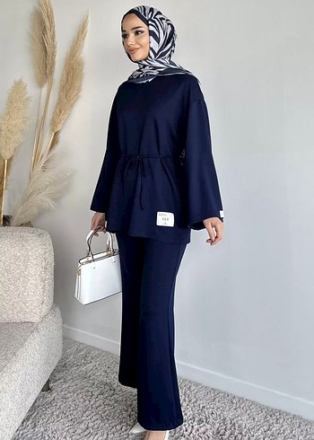 Lacivert Kadın Uzun Kollu Kemerli Takım - Görsel 4