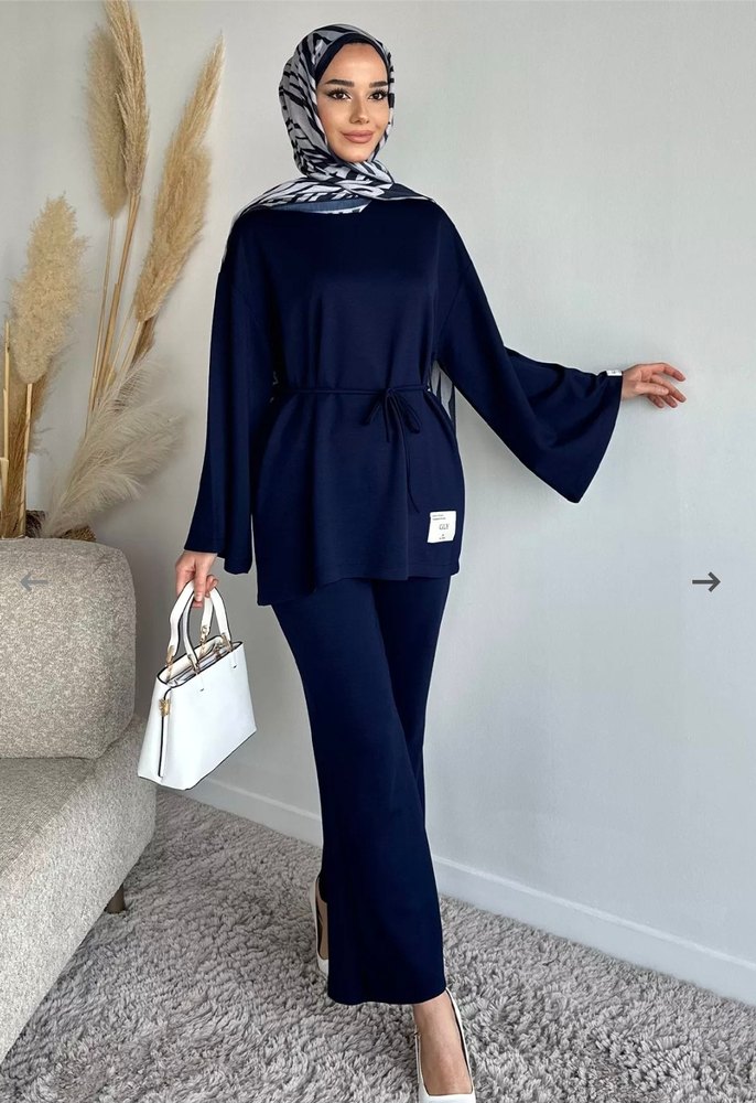 Lacivert Kadın Uzun Kollu Kemerli Takım - Görsel 5