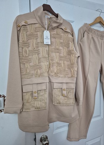 Bej Kadın Keten Takım, Fermuarlı, Regular Fit - Görsel 3