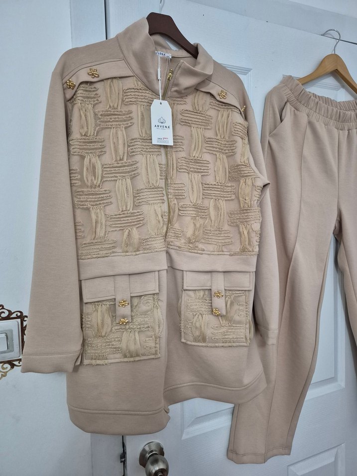 Bej Kadın Keten Takım, Fermuarlı, Regular Fit - Görsel 3