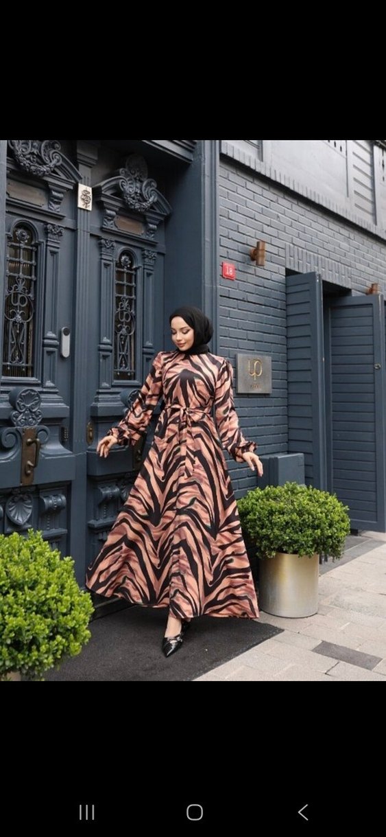 Saten Zebra Desenli Uzun Kadın Elbise - Görsel 2