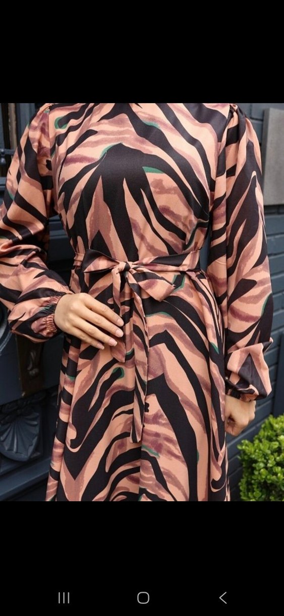 Saten Zebra Desenli Uzun Kadın Elbise - Görsel 4