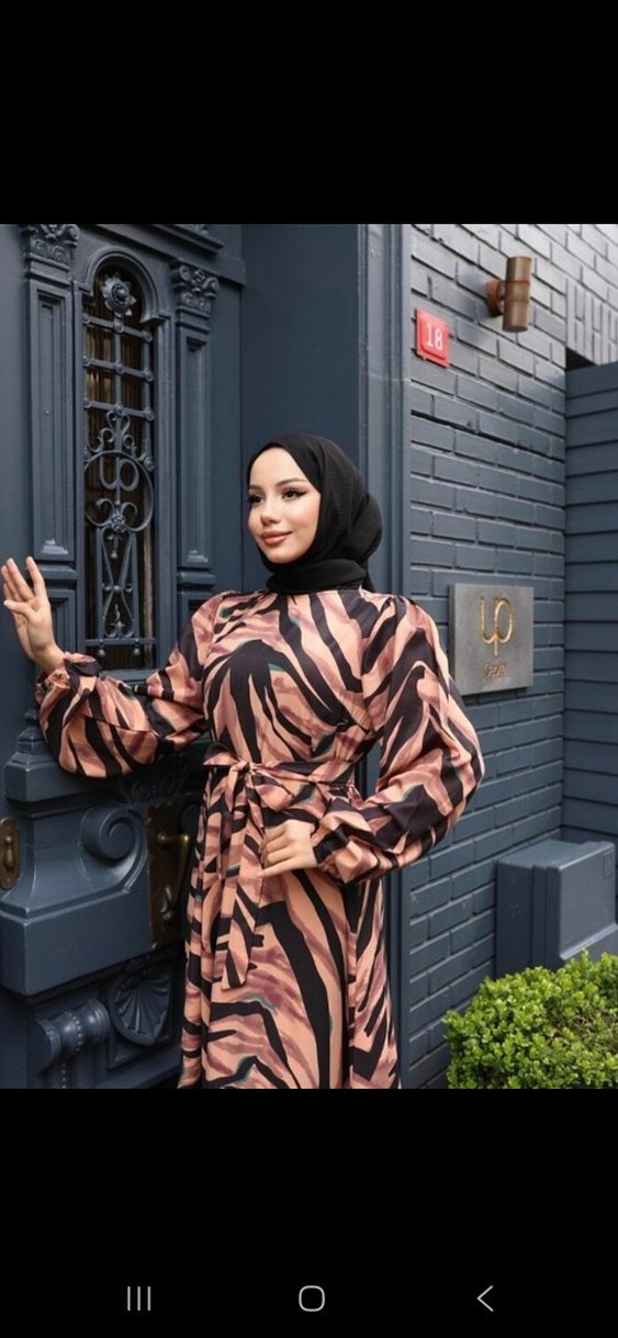 Saten Zebra Desenli Uzun Kadın Elbise - Görsel 3