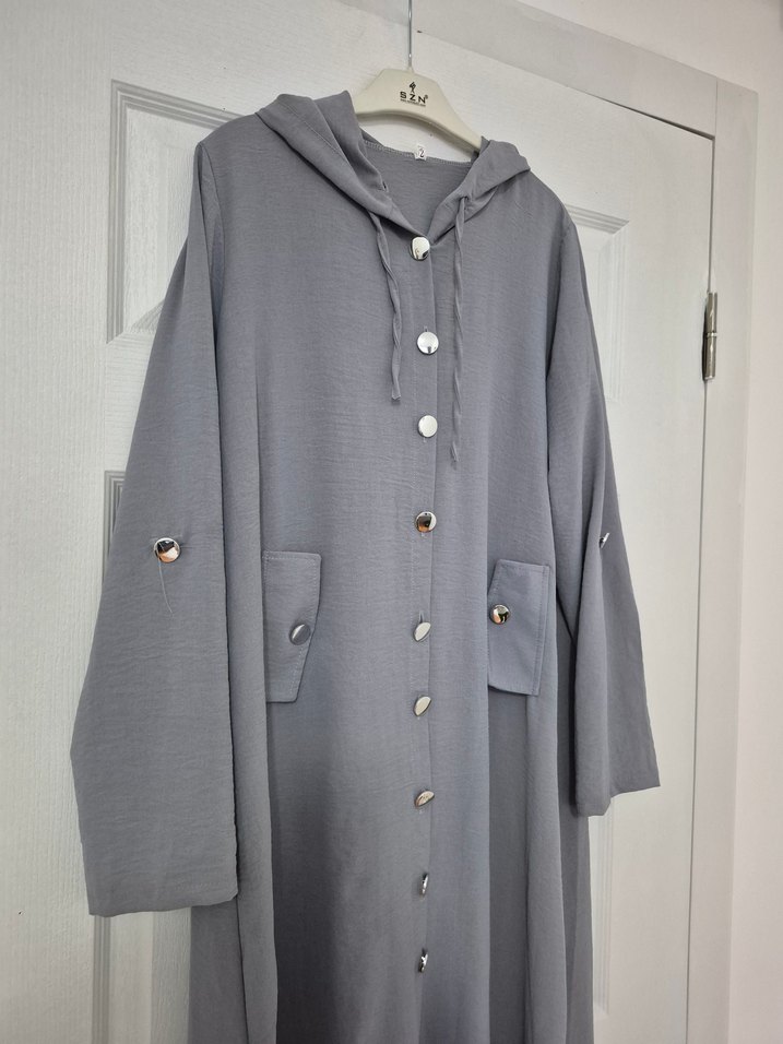 Gri Kapüşonlu Uzun ayrobin Kadın ferace - Görsel 2