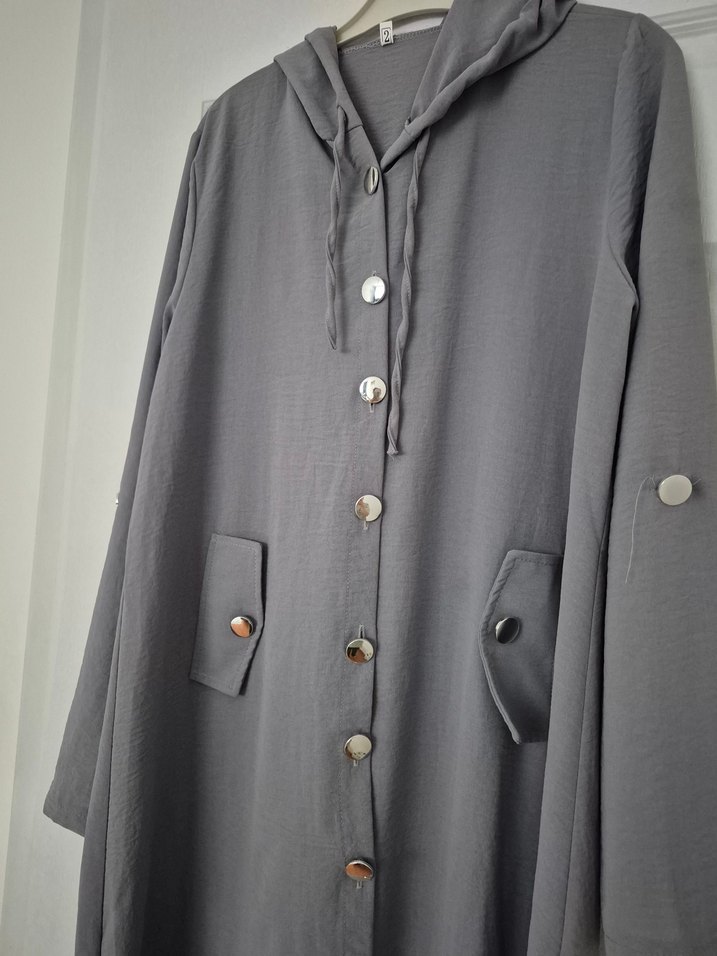 Gri Kapüşonlu Uzun ayrobin Kadın ferace - Görsel 5