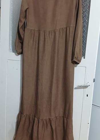 m Beden camel Renk Bohem Tarz Uzun Keten Elbise