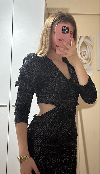 Siyah renk pul detaylı elbise - Görsel 5