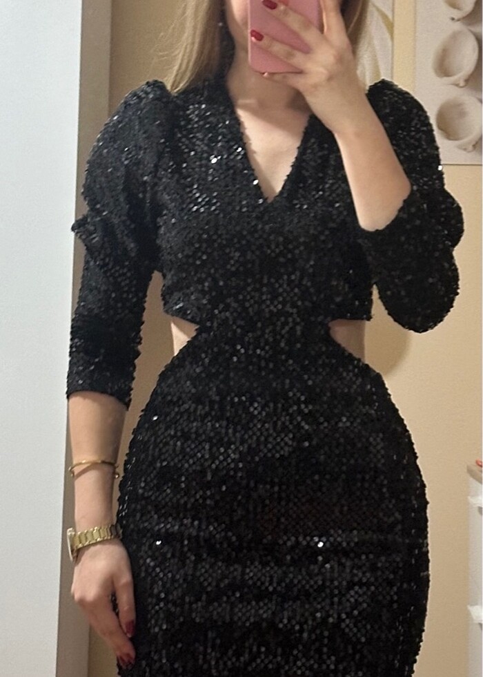 Siyah renk pul detaylı elbise - Görsel 2