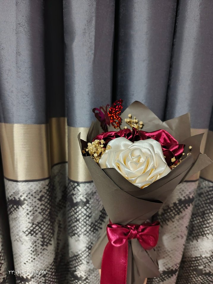 Bordo Çiçekli Fiyonk Detaylı Broş - Görsel 4