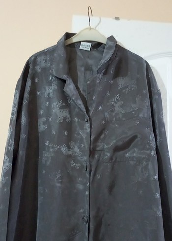 Gri Bağlama Desenli Uzun Kadın Sabahlık gömlek pijama - Görsel 3