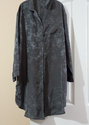 Gri Bağlama Desenli Uzun Kadın Sabahlık gömlek pijama - Görsel 2