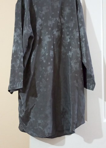 Gri Bağlama Desenli Uzun Kadın Sabahlık gömlek pijama - Görsel 5