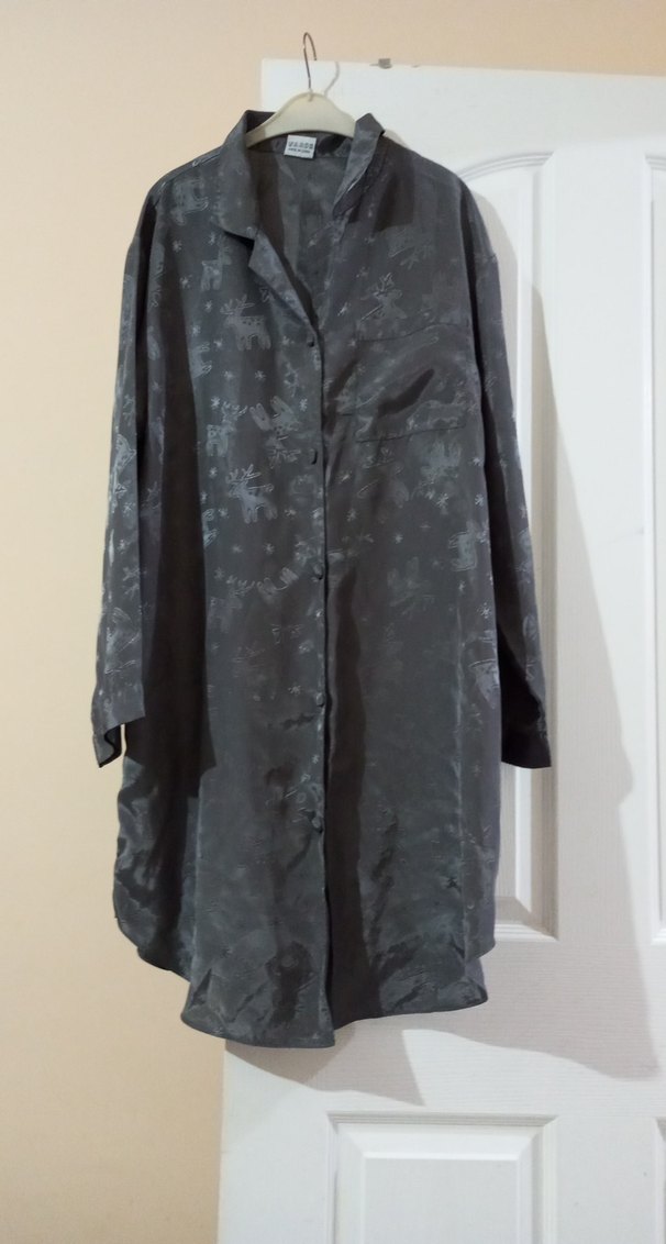 Gri Bağlama Desenli Uzun Kadın Sabahlık gömlek pijama - Görsel 2