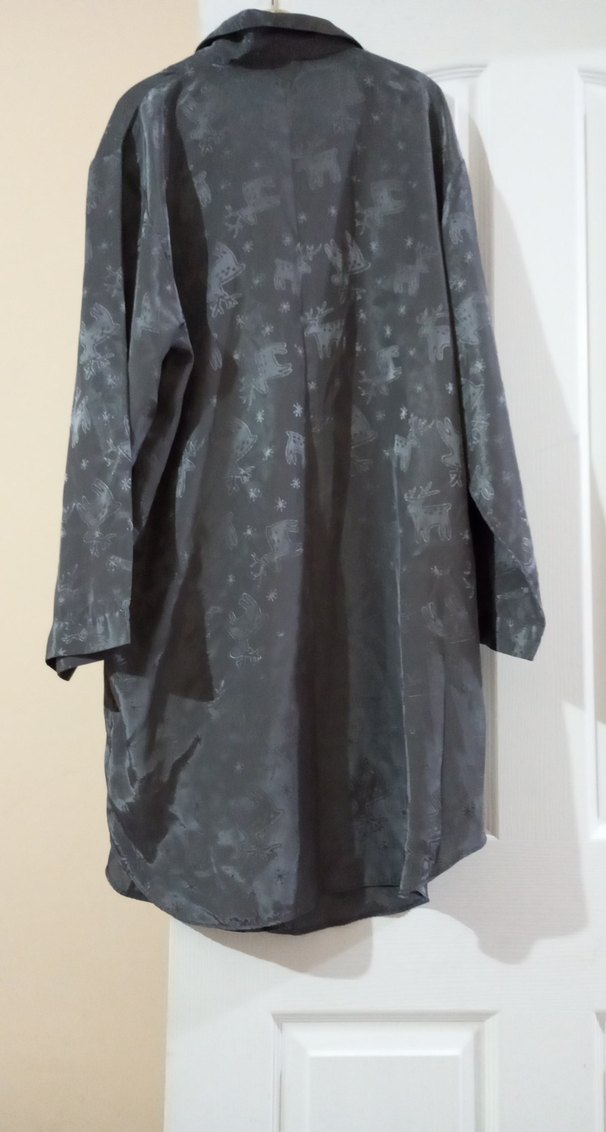 Gri Bağlama Desenli Uzun Kadın Sabahlık gömlek pijama - Görsel 5