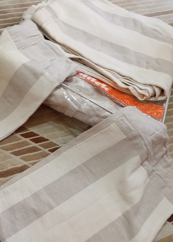 Bej Çizgili Düz koton pike çift kişilik battal boy takım - Görsel 2