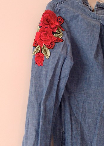 Nakışlı Uzun Kol Denim Bohem Elbise - Görsel 3