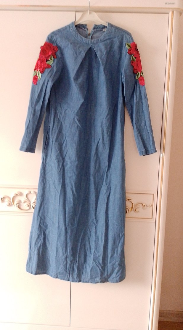 Nakışlı Uzun Kol Denim Bohem Elbise - Görsel 2