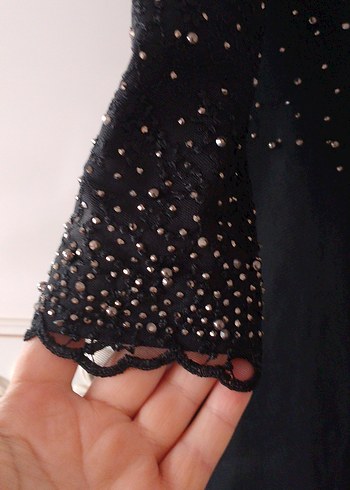 Siyah Uzun Kollu Payetli Gotik Abiye Elbise - Görsel 3