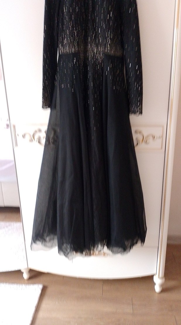 Siyah Uzun Kollu Payetli Gotik Abiye Elbise - Görsel 2