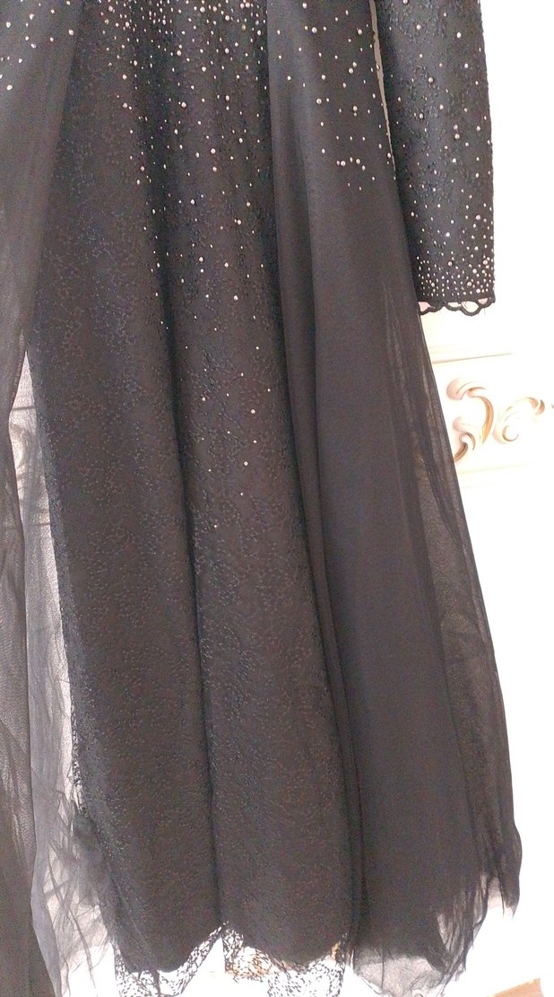 Siyah Uzun Kollu Payetli Gotik Abiye Elbise - Görsel 4