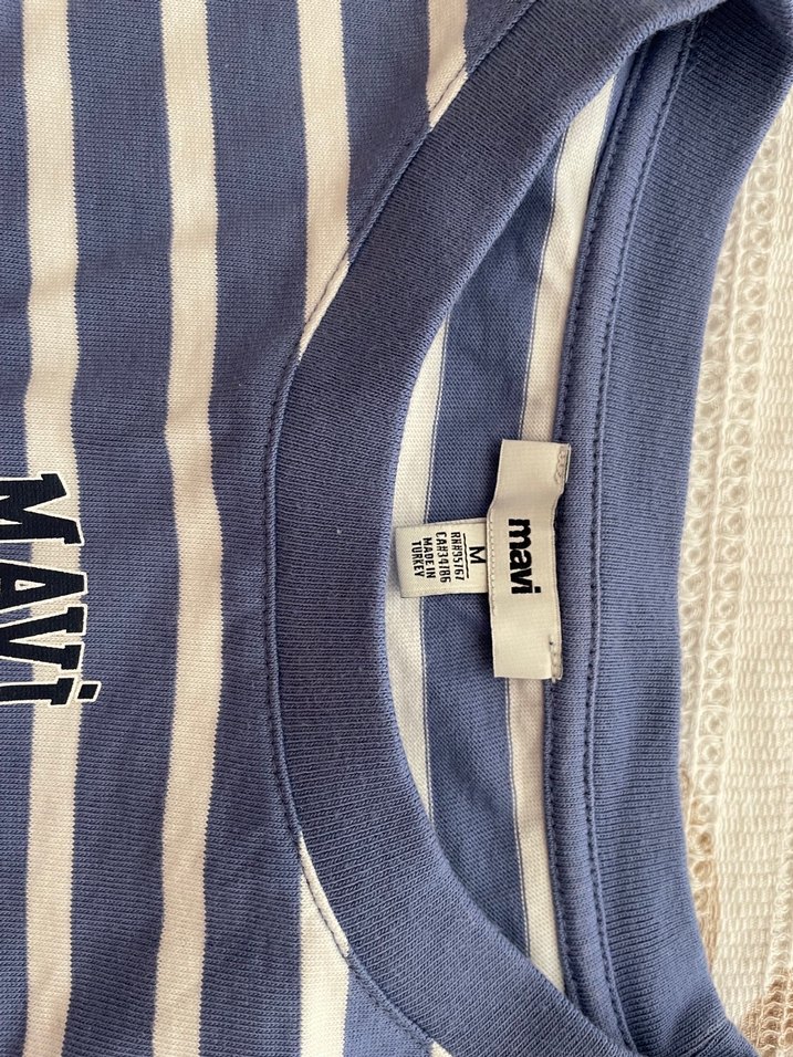 Mavi Çizgili Kısa Kollu Pamuklu Tişört - Görsel 2