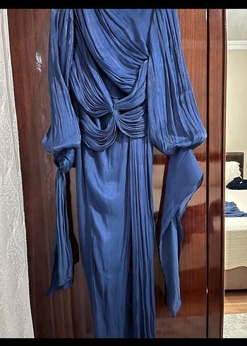 Mavi Drapeli Uzun Kollu Bohem Abiye Elbise - Görsel 3