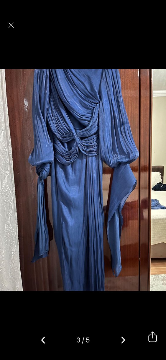 Mavi Drapeli Uzun Kollu Bohem Abiye Elbise - Görsel 3