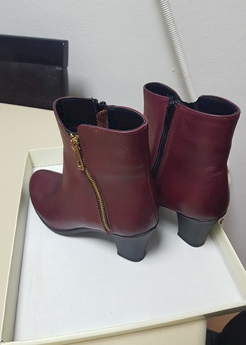 Bordo Deri Kadın Bot, Fermuarlı, Topuklu