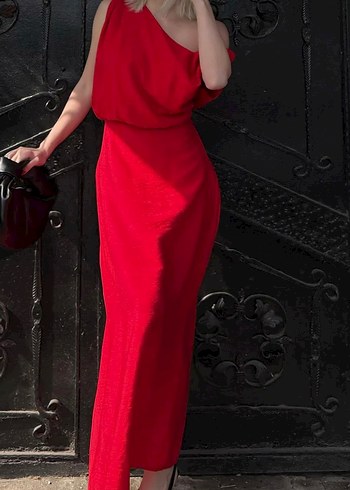 Zara Kırmızı Drapeli düşük omuz Elbise Madmext