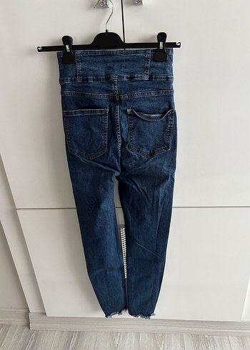 Düğmeli Yüksek Bel Kadın Mavi Jean - Görsel 2