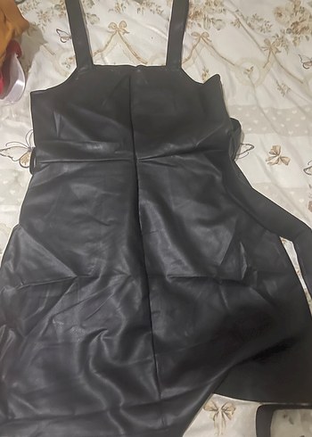 Siyah Deri Midi Elbise Kemerli - Görsel 2